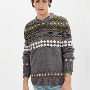 American Eagle Sweater Mens Large Gray Fair Isle Crewneck Chunky Knit Pullover